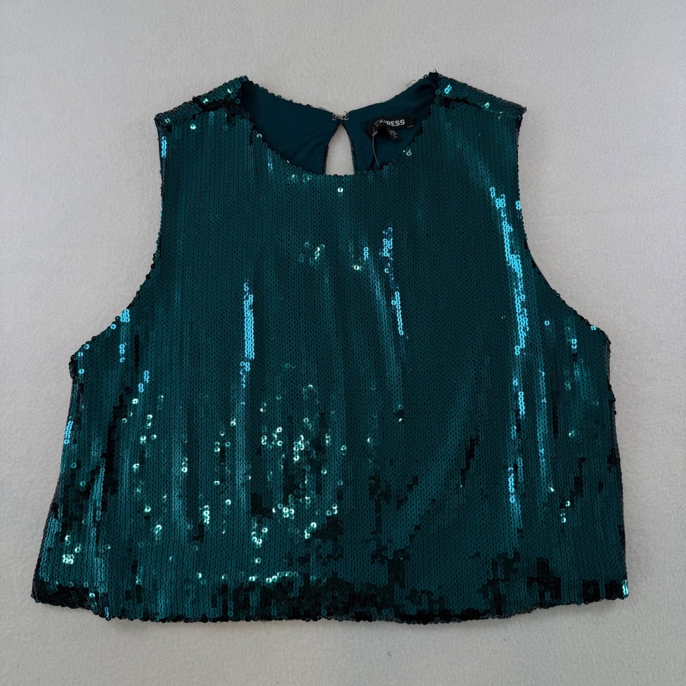 Express Womens Emerald Green Sequin Crop Top Sleeveless Keyhole Back Blouse L